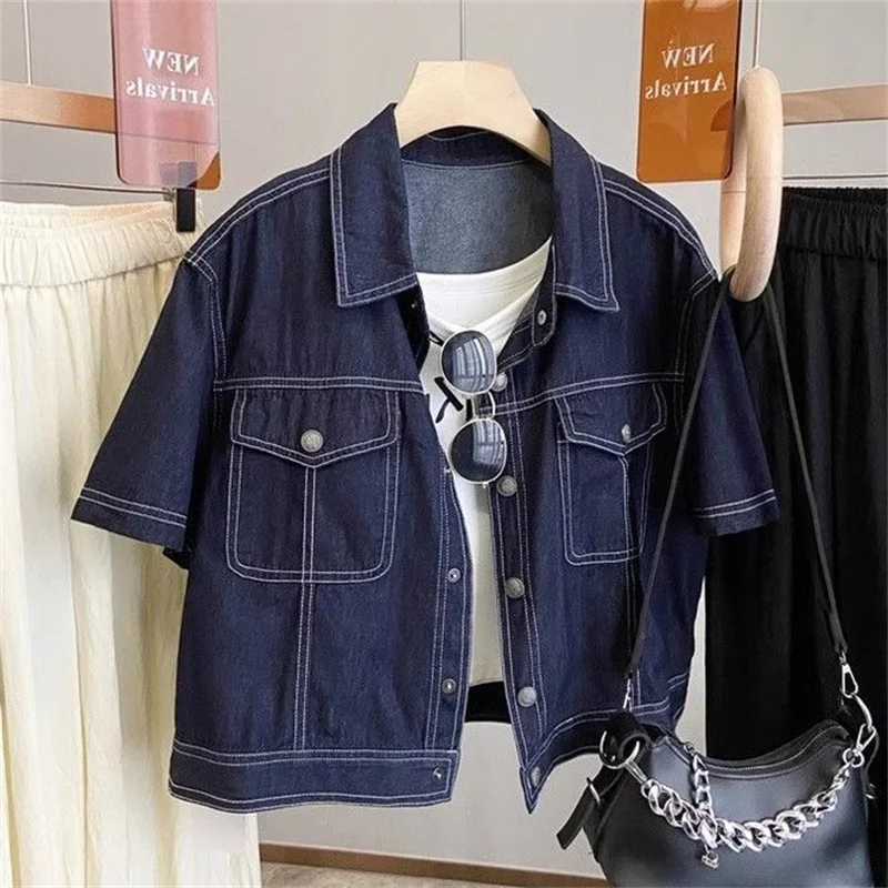 2025 Summer Women's Slim Fit Short Sleeves Collar Denim Jacket Thin Outerwear Casual Single Button Denim Shirt