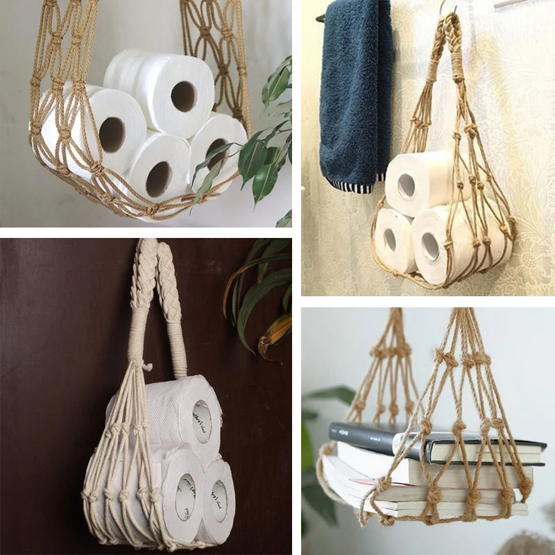 2Pcs Hanging Cotton Rope Holder For Toilet Paper Magazine Books Holder Home Hanging Pocket Rack Bathroom Decor