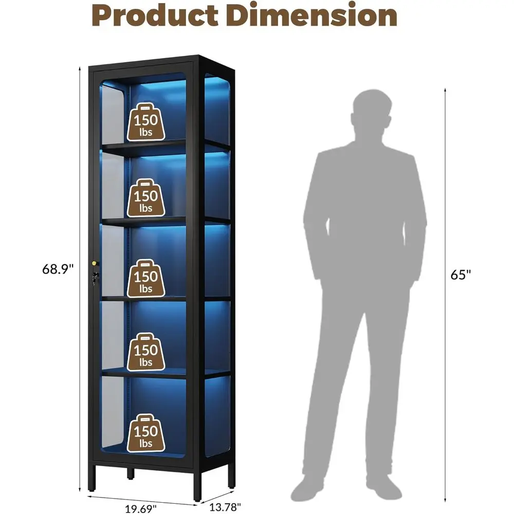 69 Glass Display Cabinet with Lock & 13-Color LED Lights, 5-Tier Metal Cabinet for Collectibles, Action Figures, Trophies (Black view 2