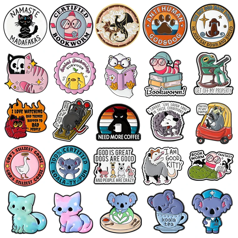 31Styles Cartoon Animal Series Enamel Pins Christian Silly Goose Bookworm Coffee Cat Brooch Lapel Badge Jewelry Gift for Friends