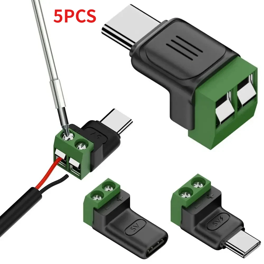 

5pcs Solderless Plug USB C To 2Pin Terminal Adapter Screw Type-C To 2 Pin Crimp Terminal Block 5V Charging Conversion