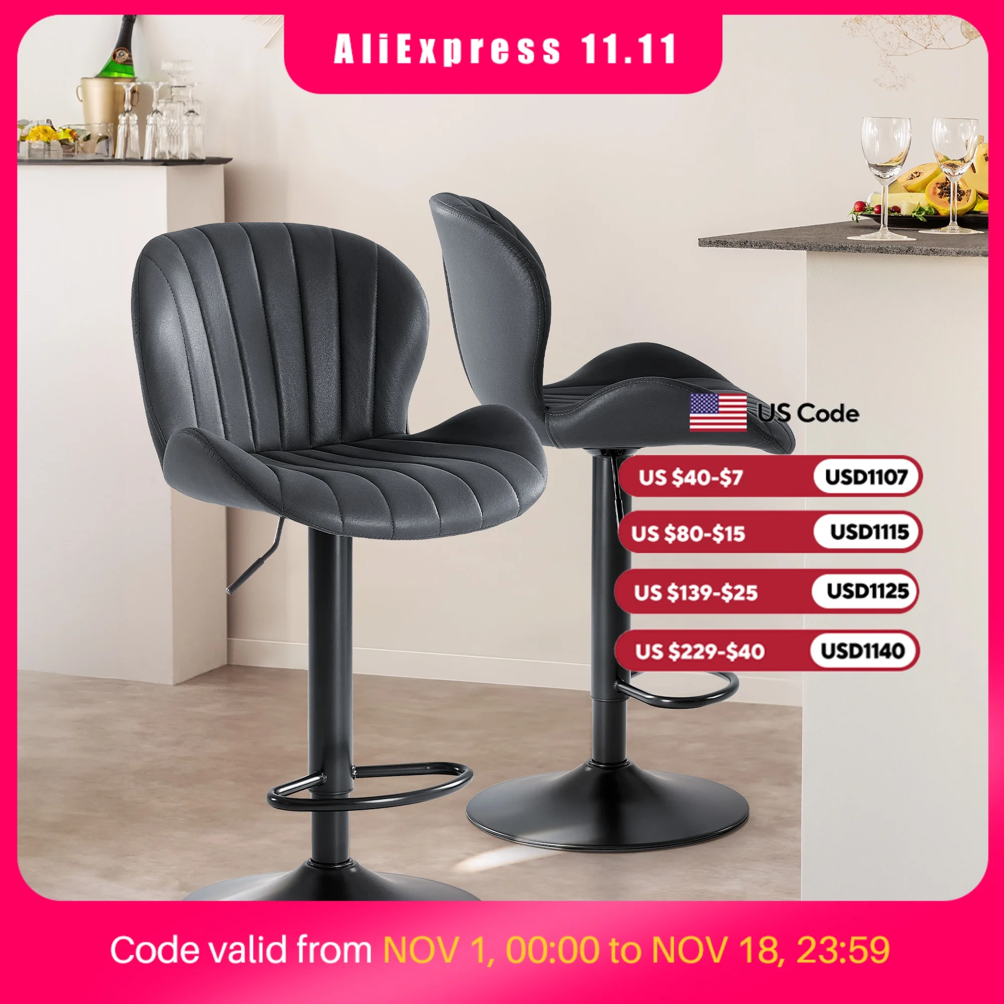 MCQ Counter Height Bar Stool Set of 2 Fabric Adjustable 360 Swivel Modern Barstool Upholstered Back Armless Bar Chair Metal Base for Kitchen Island Dining Living Room