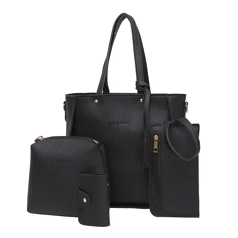 New 2024New Large Capacity Lychee Pattern Handbags Women's European and American Retro Fashion Tassel Four-Piece Women's Bag