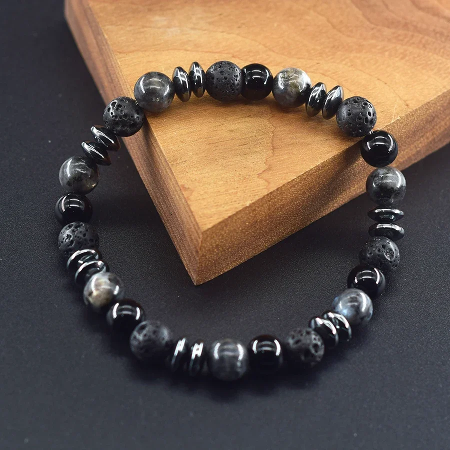 Classic Black Natural Labradorite Volcanic Stone Beads Bracelet Women Men Spiritual Protection and Energetic Banlance Jewelry