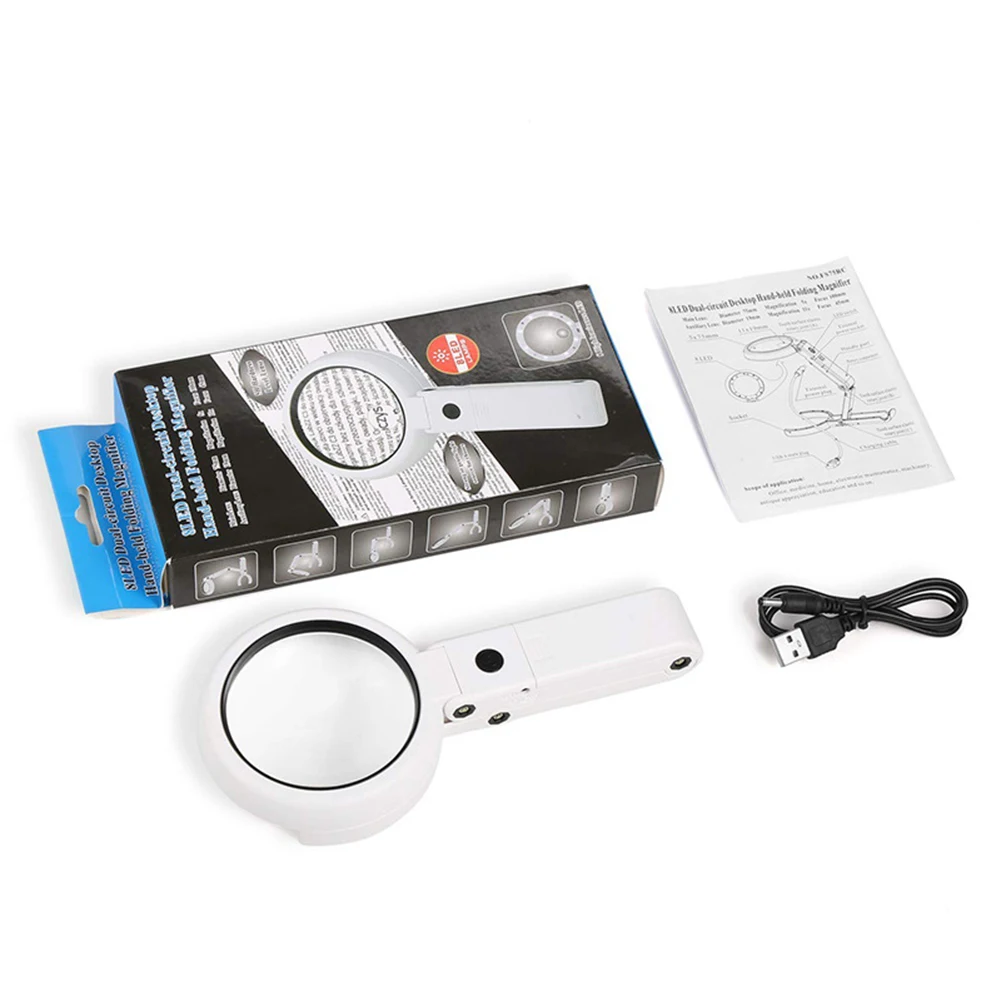 8LED Loupe Magnifier Dual Purpose Universal Handheld Illuminated Magnifier Reading Lamp USB Rechargeable Watch Repair Supplies
