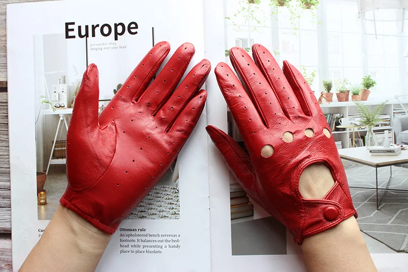 Women's Single-Layer Unlined Thin Driving Leather Gloves Hollow Style Outdoor Cycling Driver Gloves Free Shipping