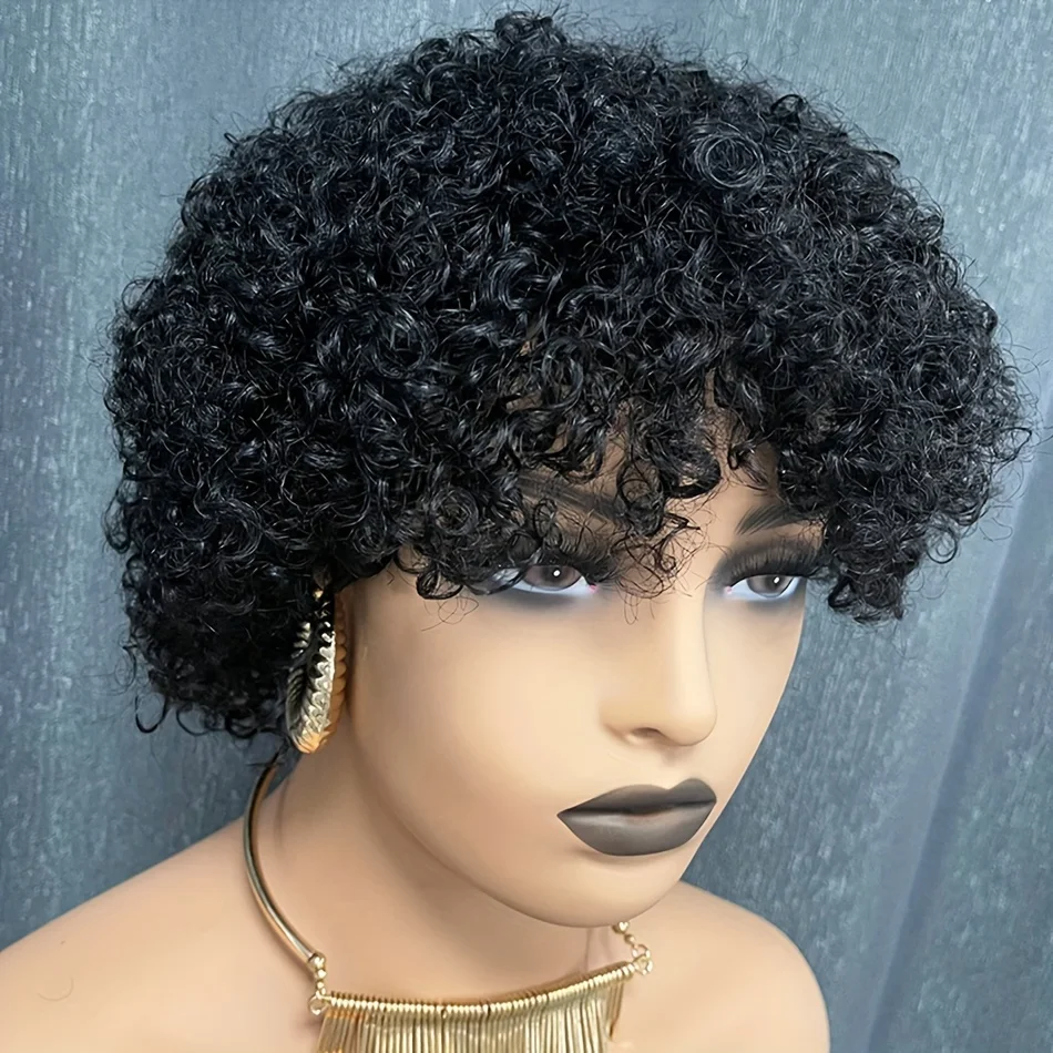 

machine made 6inch natural black color pixie cut short kinky curly human hair wigs 150% density remy hair for women