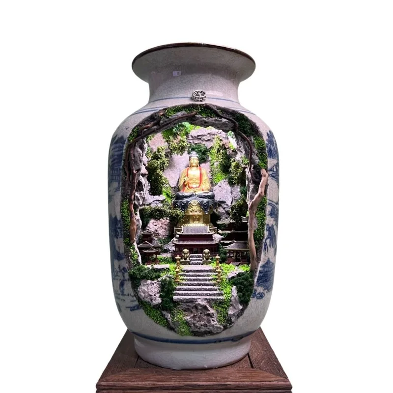 Dongtian three-dimensional landscape micro-landscape charging luminous blue and white bottle room ornament in the bottle