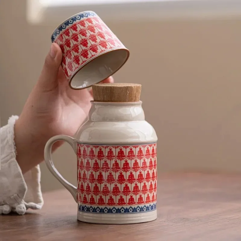 Mug Ru Kiln Small Heater with Cover Ceramic Braised Tea Cup Chinese Large Capacity Thermos Flask Office Cup with Handle