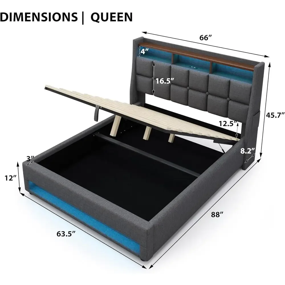 

Special Offer(=AA20690910G) Queen Size Upholstered Platorm Bed With A Hydraulic Storage System, LED And Charging Station, No Box