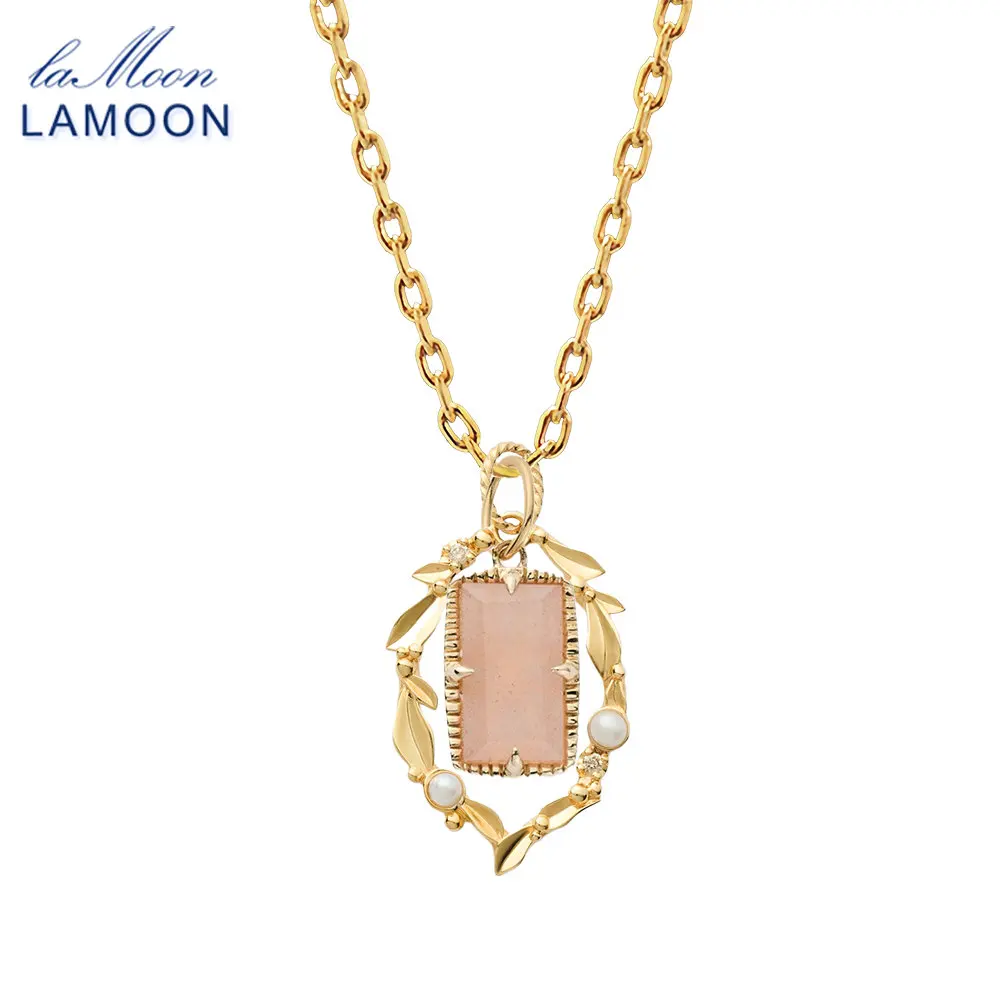 

LAMOON S925 стерлингового серебра оранжевый лунный камень кулон с драгоценным камнем ожерелье для женщин изысканный жемчуг позолоченный ювелирный подарок