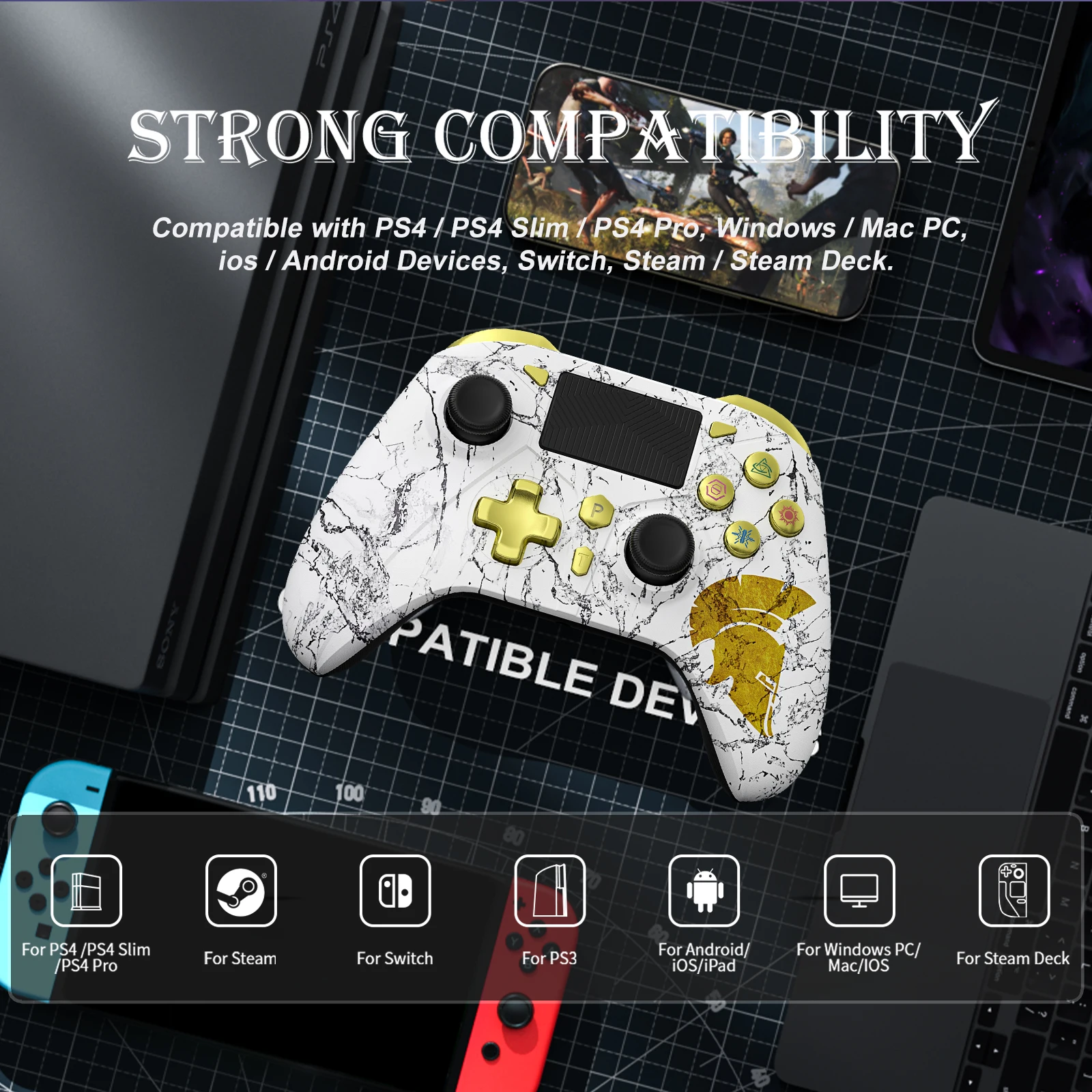 وحدة تحكم لـ PS3/4/Switch/PC لوحة ألعاب لاسلكية بلوتوث، مع تأثير قاعة الاهتزاز Trubo FUNC، عصا التحكم في ألعاب الفيديو