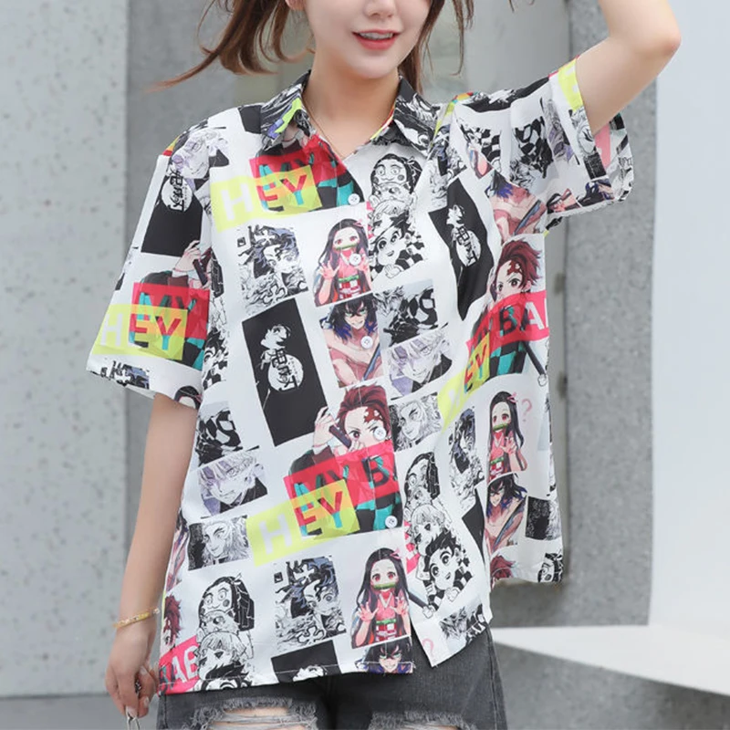 Japanese Cartoon Printed Button Up Shirt Women Couples Short Sleeve Shirt Blouses Vintage Floral Chiffon Women Summer