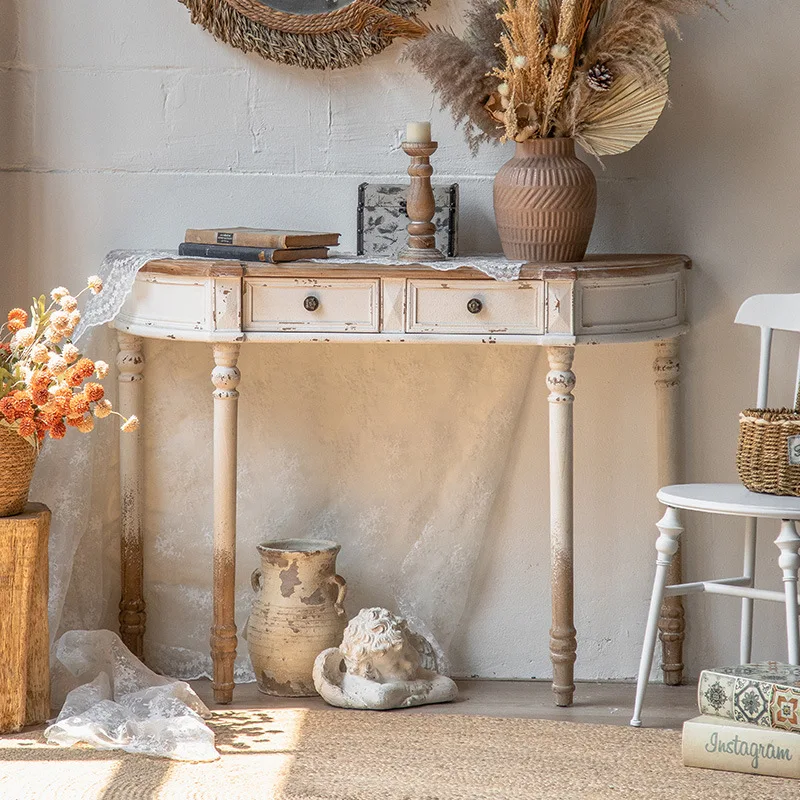 American Retro Semi-round Entrance Table, Extremely Narrow And Old Entrance Cabinet, Supply Table With Drawers, Living Room Deco