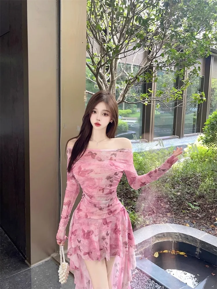 Ezgaga Party Dresses Women Slash Neck Floral Printed Irregular Slim Ruffles Off Shoulder Party Dress Sexy Ladies Elegant