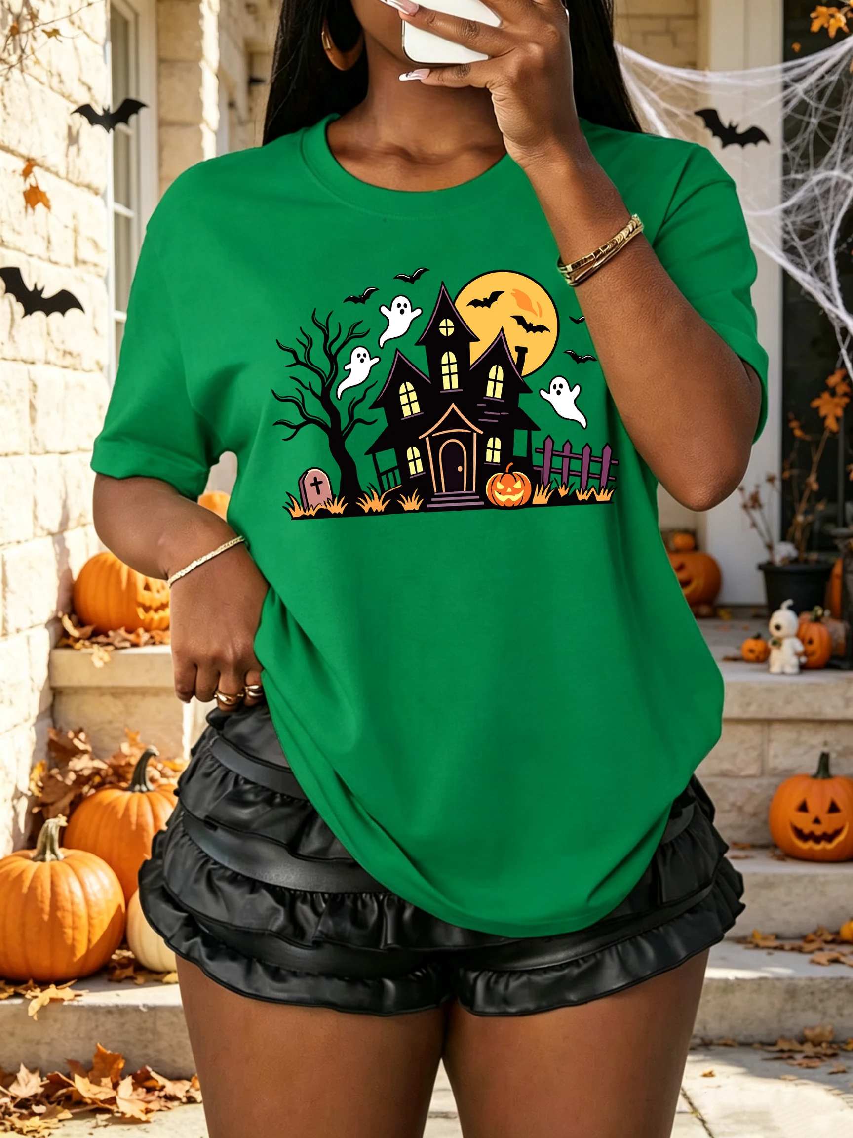 Haunted House Halloween Printed Women'S T-Shirts Summer Crewneck T Shirt Comfortable Oversized Clothes Cotton Short Sleeves