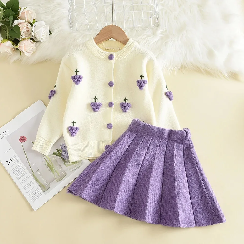 Autumn Winter Knitted Sweater College Style Kids Clothes Girls 3D Strawberry Grape Decoration Cardigan+Short Skirt Girl Outfits