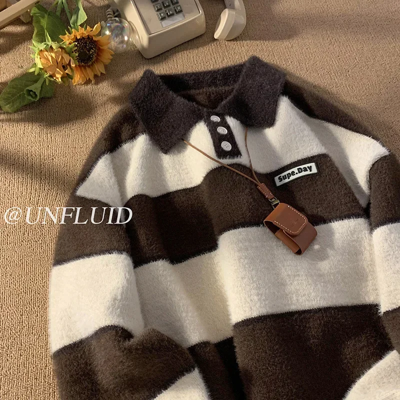 Men's Polo Collar Sweater Autumn/Winter Japanese Vintage Striped Color Block Preppy Style Loose Fit Trendy Thickened Knitted Top