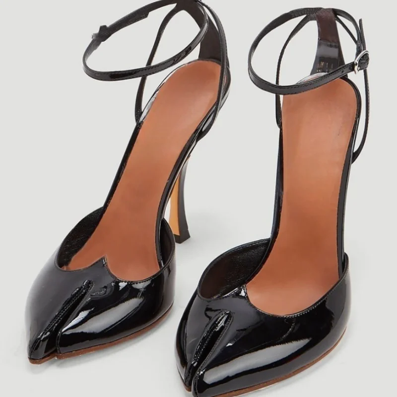 

Unique Style Split Toe High Heel Pumps Black Patent Leather Ankle Strap Cover Heels Spring Autumn Dress Shoes