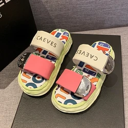 Summer New Platform Soled Ladies Shoes Cross Slippers Women's Wear Graffiti Beach Sandals Metal Buckle Slippers Women