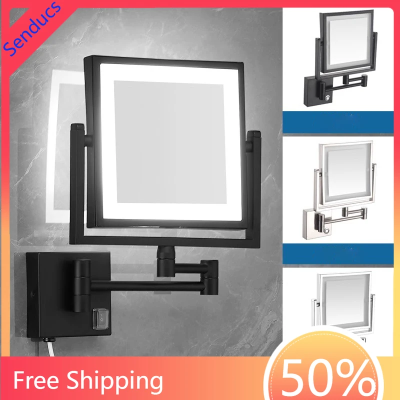 LED Bathroom Mirror 3X Magnifying Dual Arm Extendable Folding Wall Mounted Double Sided Makeup Mirror for Black Bathroom Mirrors