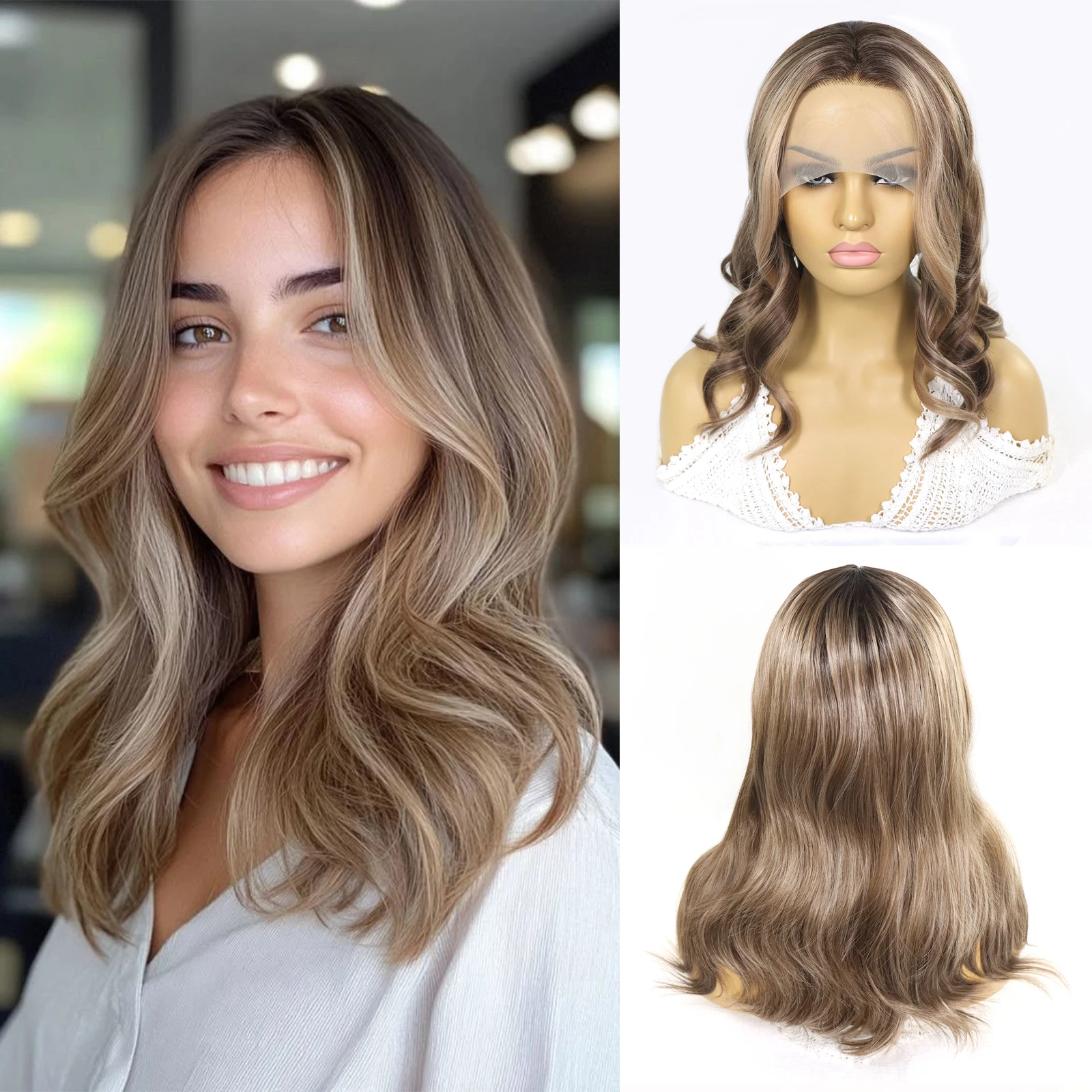 

16Inch Women's Short Curly Brown Highlight Synthetic Lace Front Wig 13*3Inch Free Part Natural Hairline Daily Festival Use Wigs