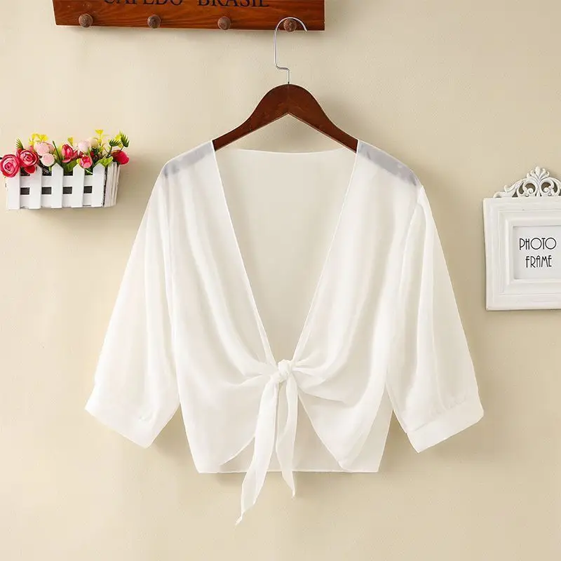 Korean Women\'s Sun Clothing Summer Air Conditioned Cardigan Sunscreen Shawl Female Chiffon Ice Silk Blouse Neck Guard Cloak R13