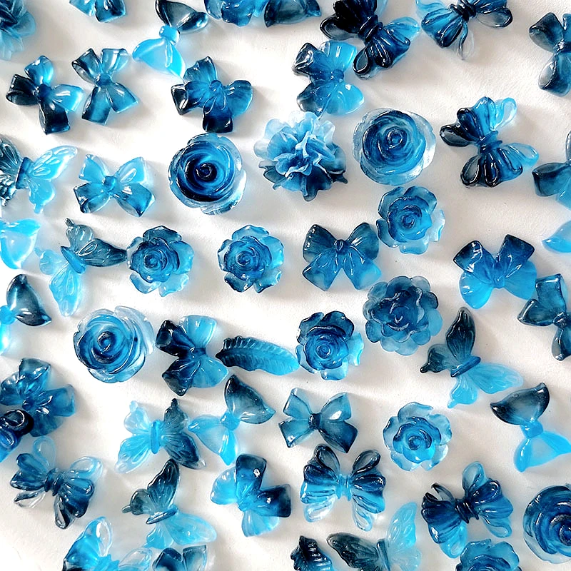 

30PCS Ink Blue 3D Resin Nail Art Charms Glow In The Dark Rose Flower Butterfly Bow Accessories For Nail Decorations Supplies