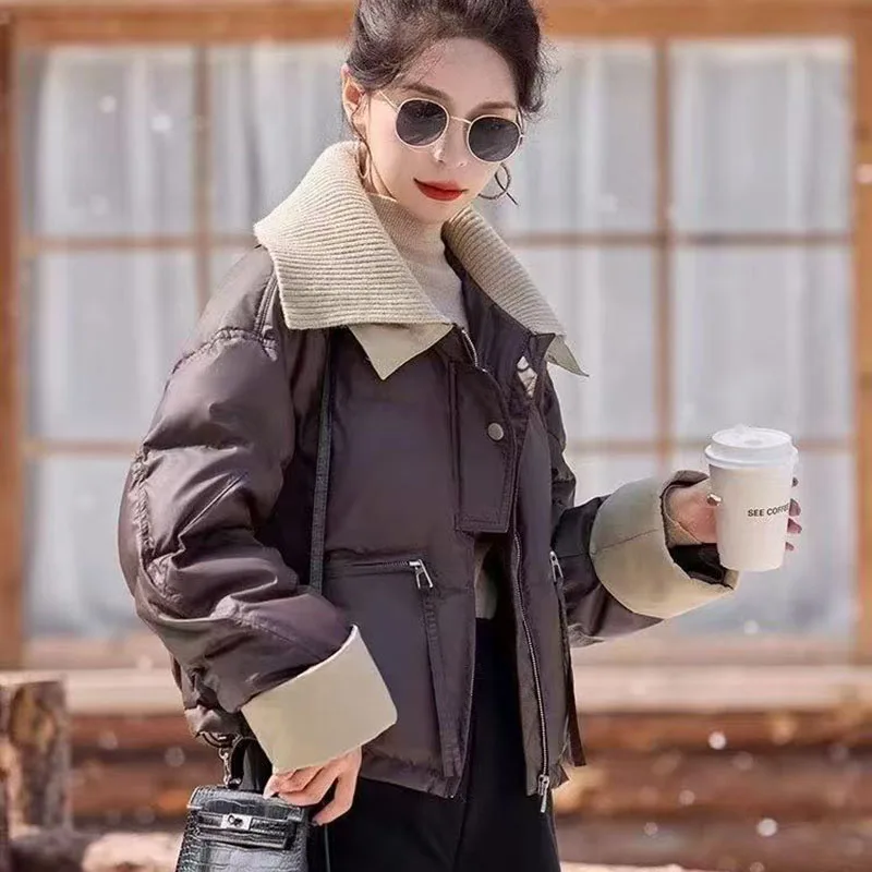 

Autumn Winter 2025 New Down Cotton Jacket Women Short Cotton Coat Parkas Knit Lapel Collar Windproof Warm Overcoat Thicken