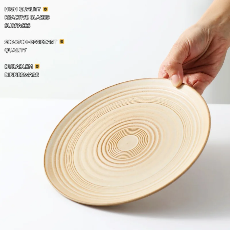 Ceramic Plate Art Creative Round Japanese Style Tableware Vintage Solid Color Carving Craft Dishes Household Kitchenware