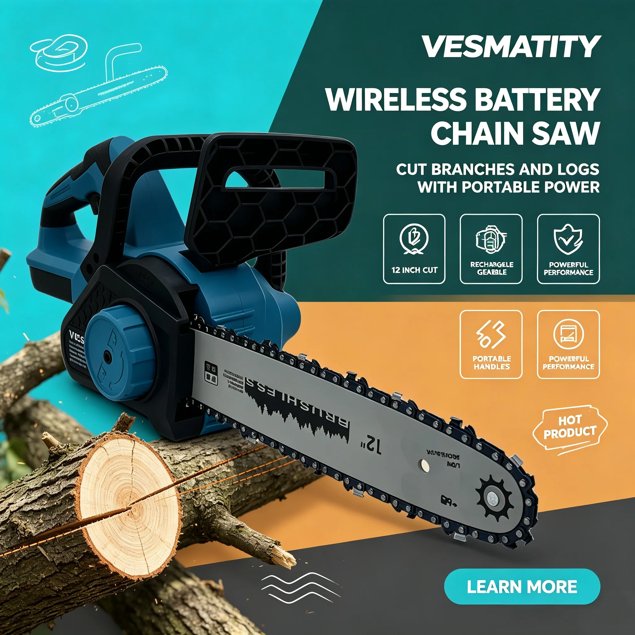 12inch Brushless Electric Chain Saw Cordless Chainsaw Woodworking Cutting Home Garden Power Tool For 18V Battery