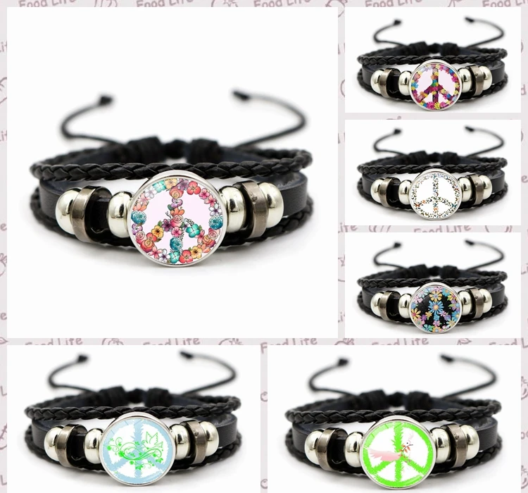 Butterfly Peace Logo Leather Bracelet for Men and Women Popular Jewelry Glass Pendant Woven Hand Jewelry Anti War Bracelet