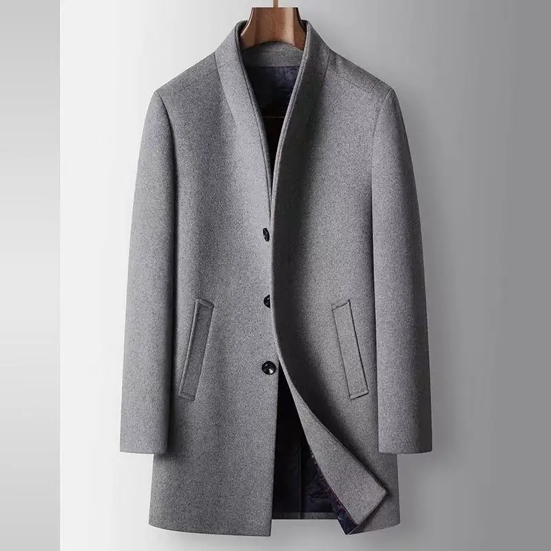 2025 Autumn/Winter New Men's Wool Coat Medium to Long with Cotton Thickened Warmth Business Windbreaker Coat Collarless