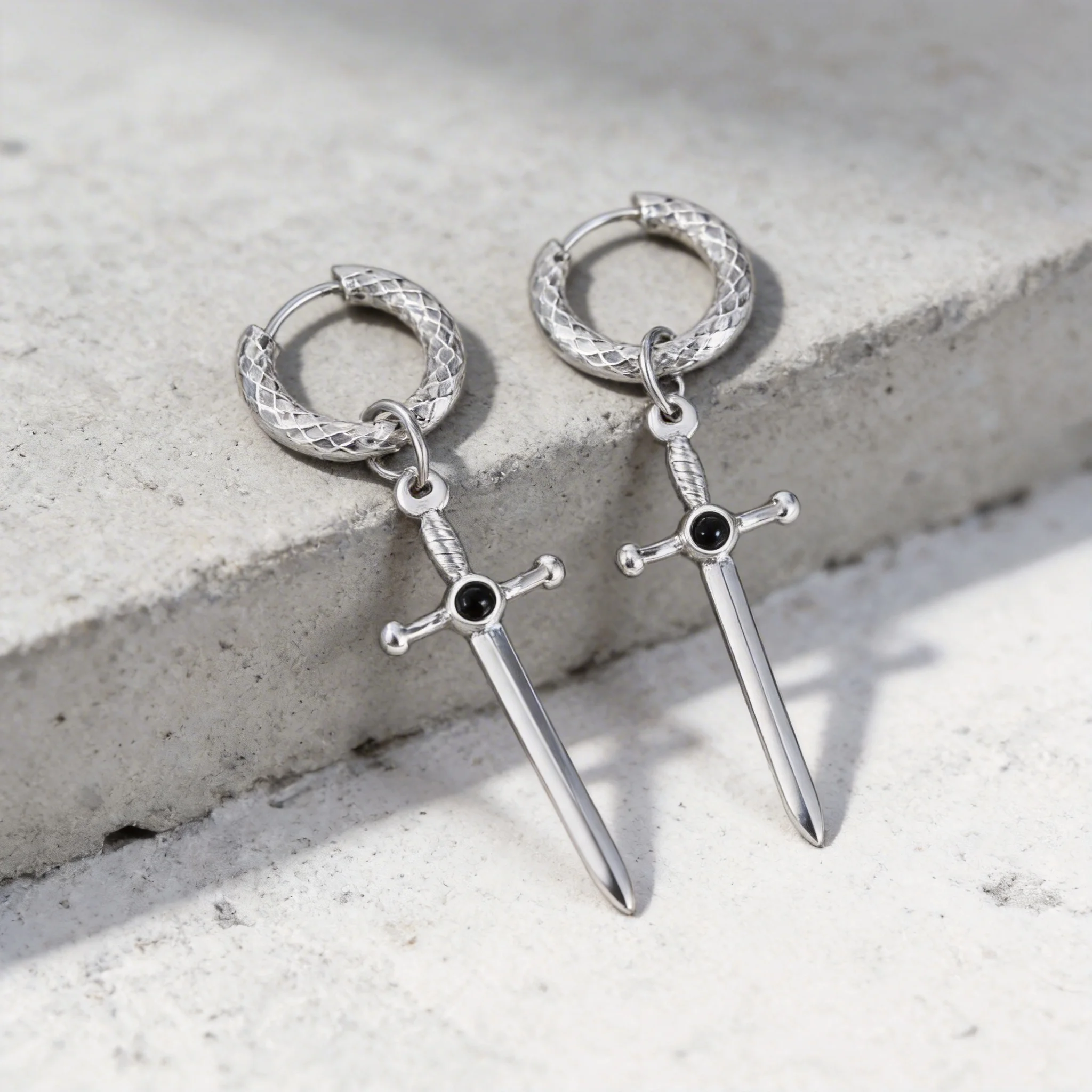 Stainless Steel Ear Needle Sword Cross Pendant Earrings for Women Men Cool Silver Color Punk Style Jewelry Accessory