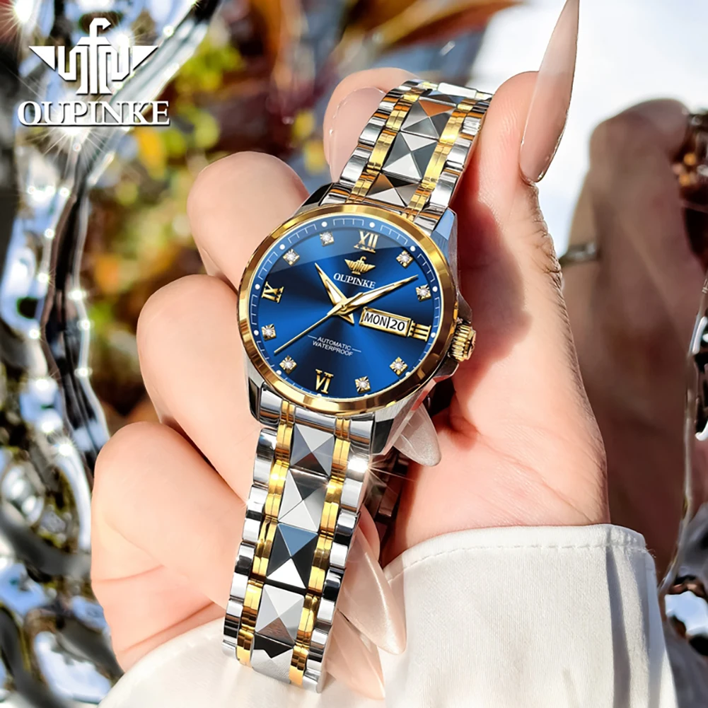 

OUPINKE 3262, роскошные женские часы с бриллиантами, светящийся водонепроницаемый ремешок из нержавеющей стали, автоматические механические часы с календарем