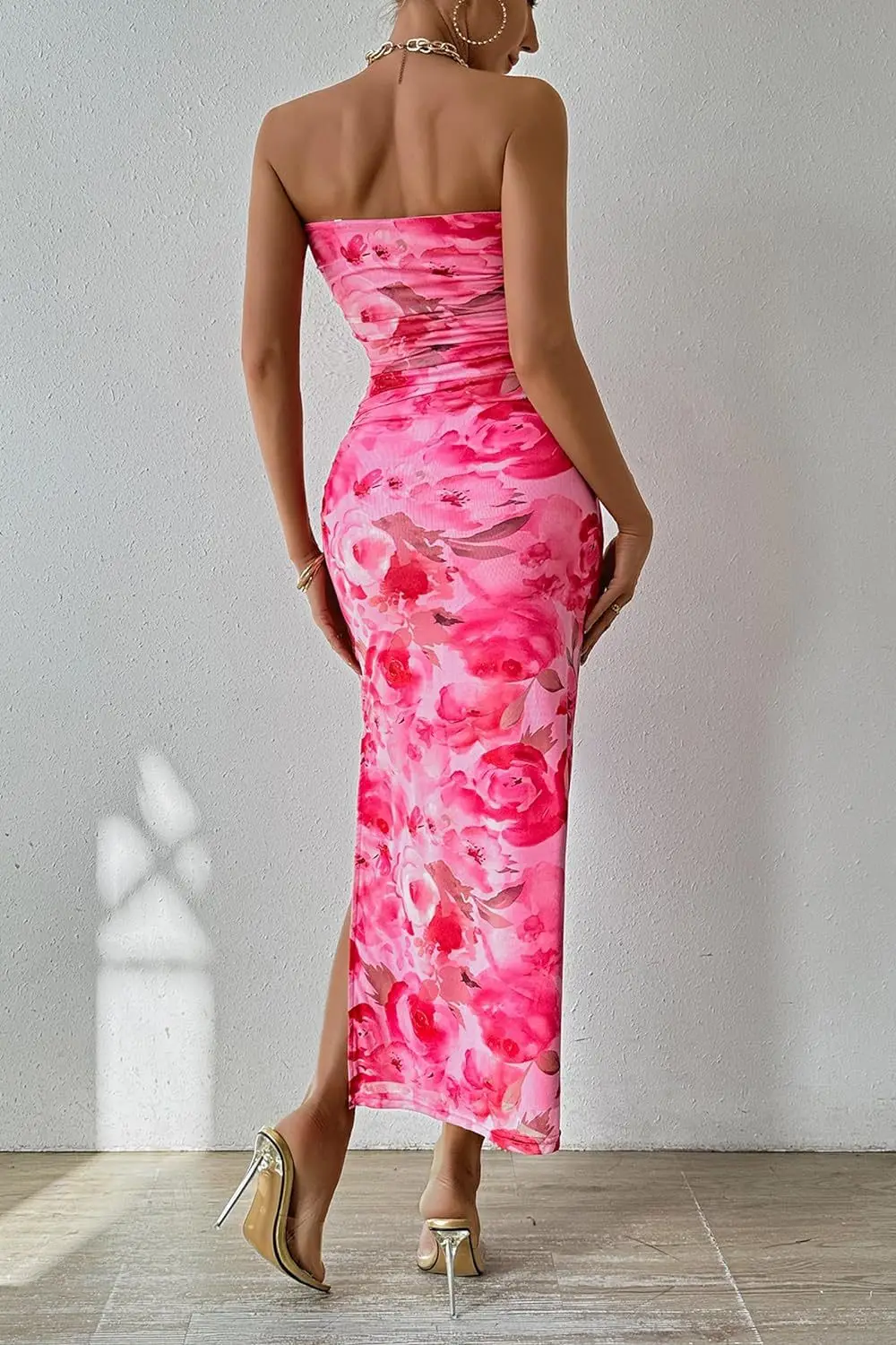 2025 Estate nuovo sexy senza spalline con orlo a fessura abito senza maniche da donna moda abiti lunghi femminili stampati