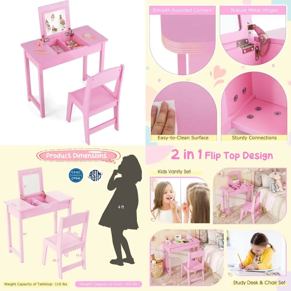 

Деревянный туалетный столик для малышей с откидным зеркалом и местом для хранения для девочек, туалетный столик и стол для макияжа в одном