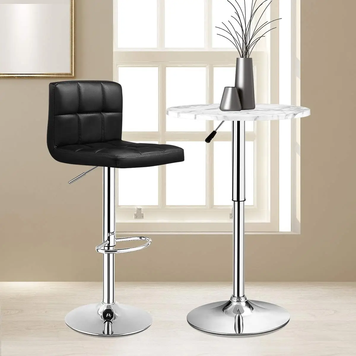 Bar Stool,Modern Swivel Adjustable Height PU Leather Barstools with Back,Square Armless Counter Height Bar Chair