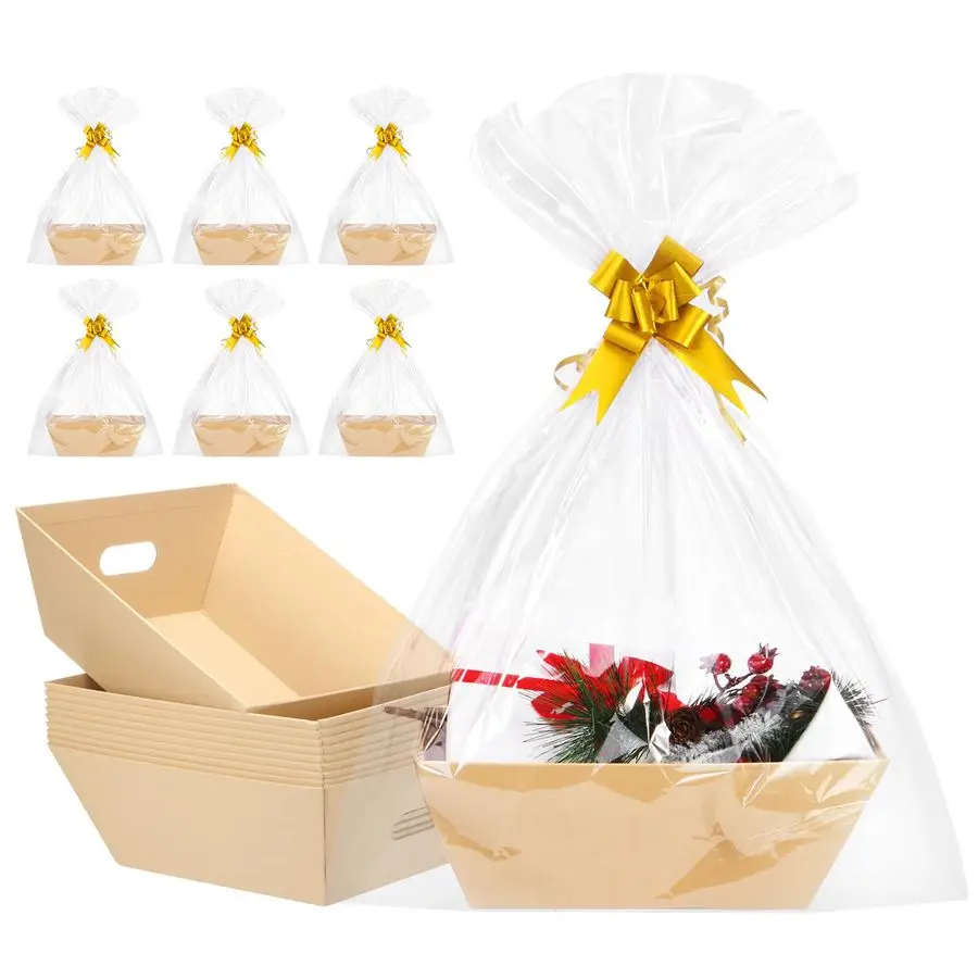 

10PACK Baskets For Gifts Empty, 10x12Thick Kraft Gift Basket with 10 Bows 10 Bags Empty Gift Baskets for Christmas, Valentines D