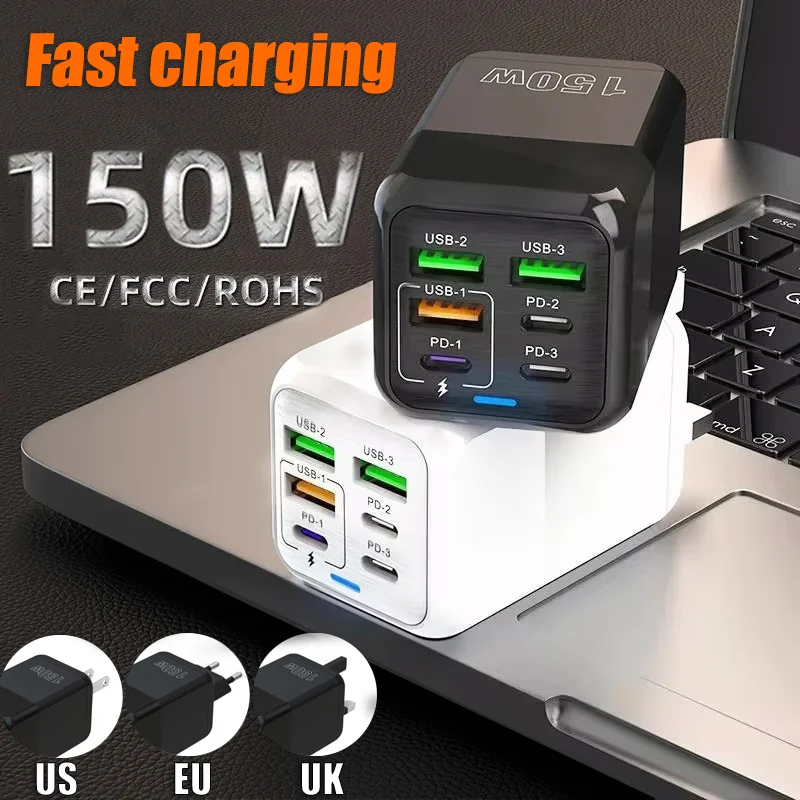 150W 6 Ports Fast Charger Wall Adapter Super Fast Charging PD QC 3.0 Usb C For iphone Samsung ipad Xiaomi Huawei One plus New