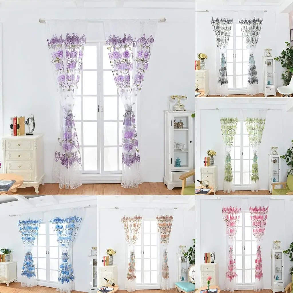 Voile Curtain Panel Offset Printed Peony Net Curtain, 100x270cm, 100x200cm