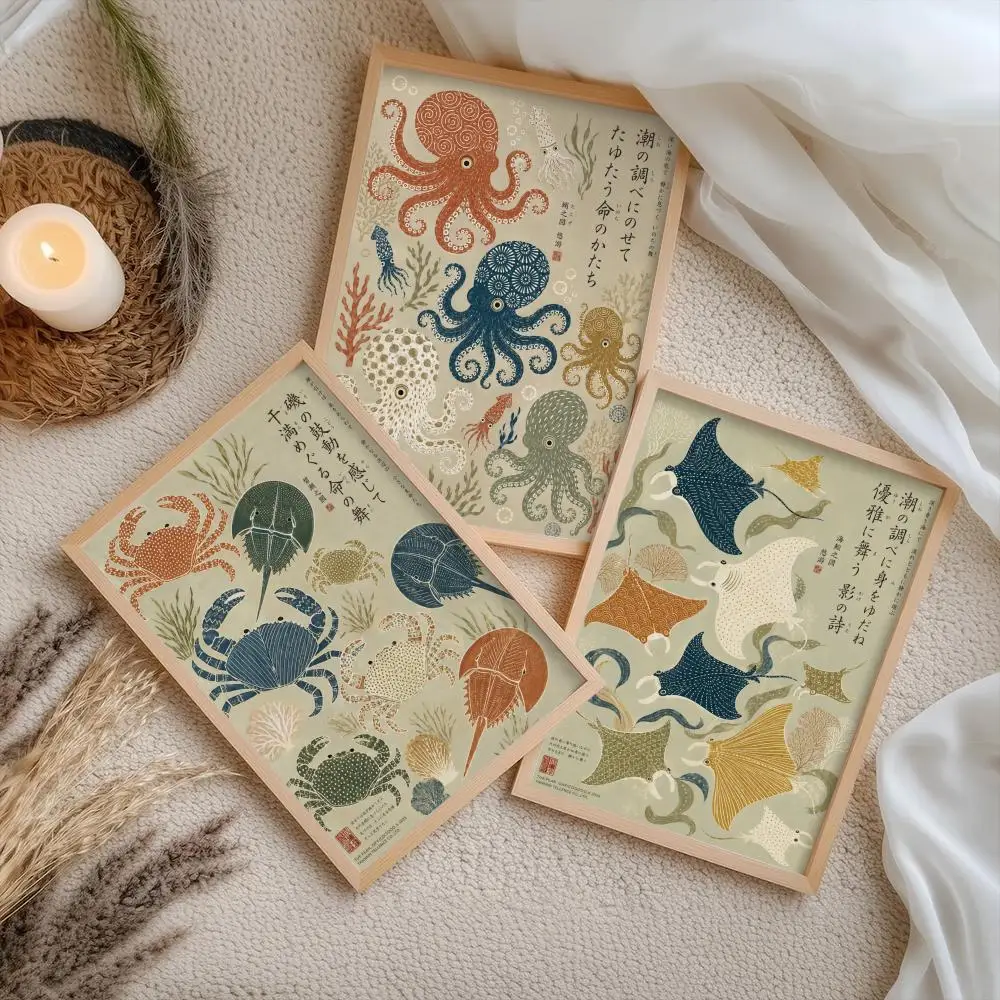 Japanese Marine Life Archive Poster Stickers Painting Self-Adhesive Mural HD Wall Decals for Bedroom Living Room Home Decor Gift