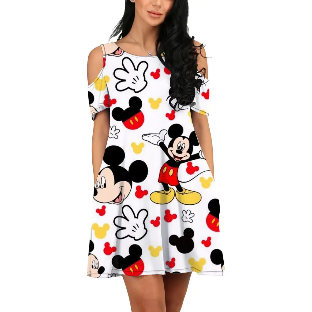 Nouvelle robe élégante et Sexy à épaules dénudées, tenue Slim coréenne, motif Mickey et Minnie Mouse imprimé de marque Disney, pour boîte de nuit,