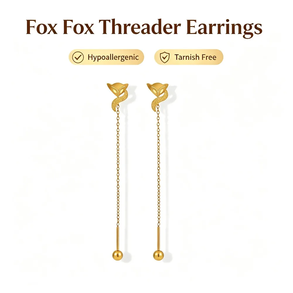 Fox Threader Earrings Women Stainless Steel Hypoallergenic Matte Cute Adjustable No Fade Luxury Jewelry Gift for Her
