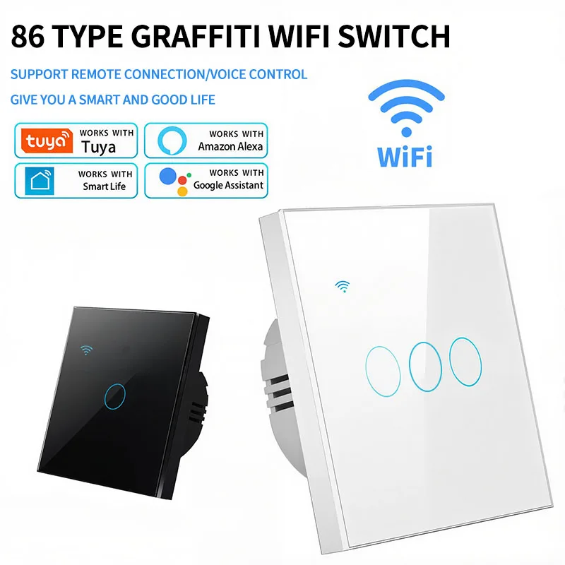 86 Type  Standard Tuya WIFI Smart Switch Tempered Glass Panel with Timing Voice Control, Compatible with Amazon Alexa Google A