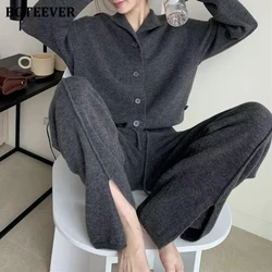 BGTEEVER Stylish 2 Pieces Knitted Set Women Full Sleeve Cardigans & Split Wide Leg Pants Autumn Winter Sweater Set Female