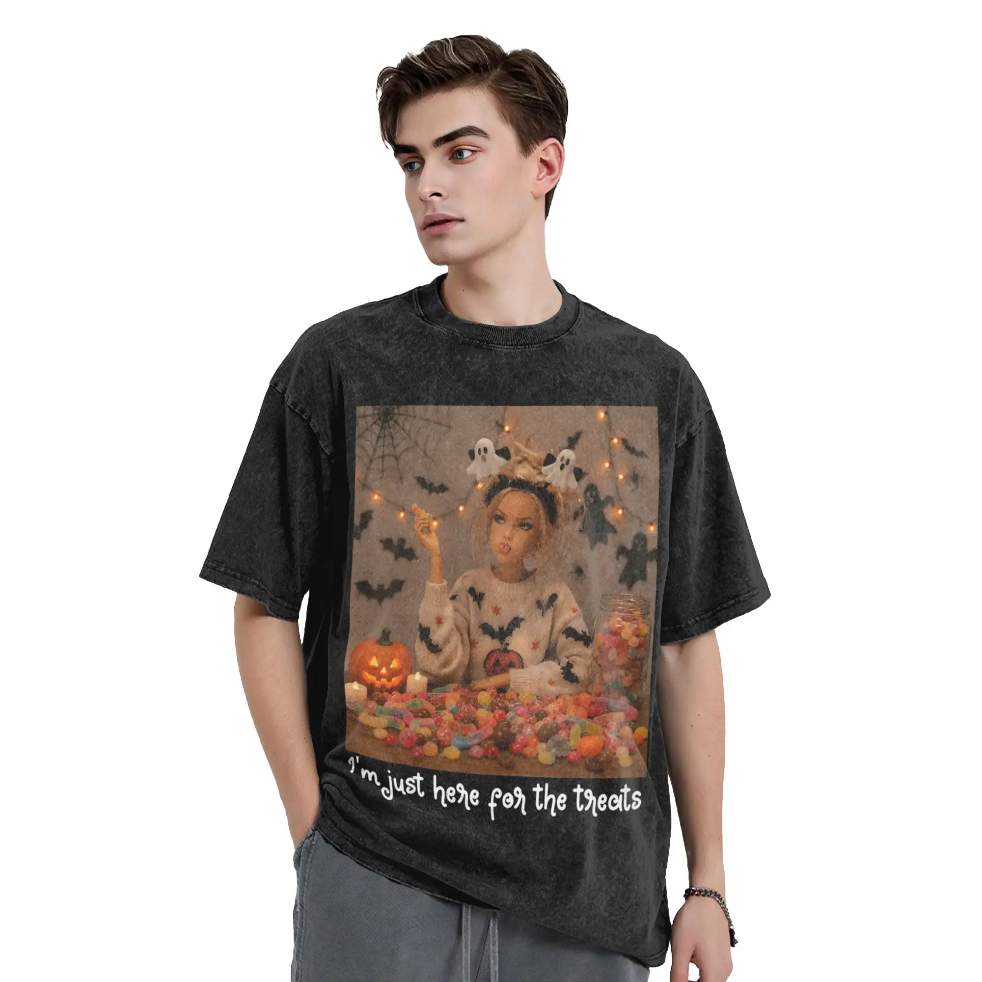Men's Funny Halloween Just Here Girl Face Meme Fall Spooky Pumpkin T-Shirts  Tops Summer Streetwear Short-Sleeved T-Shirt
