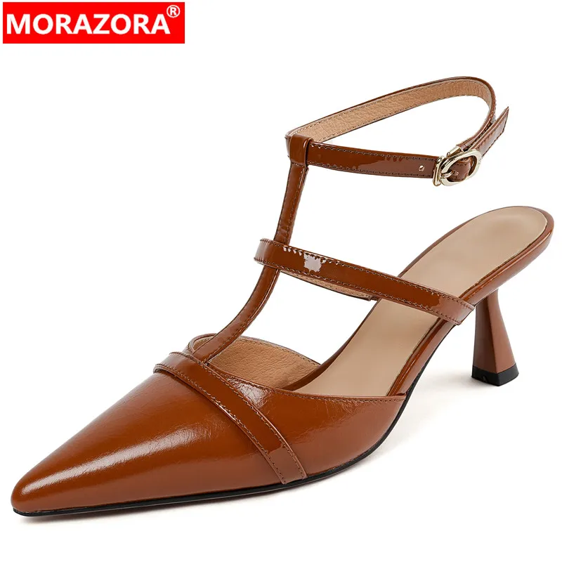 

MORAZORA 2024 New Vintage Ladies Summer Shoes Pointed Toe Genuine Leather Sandals Woman Buckle Thin High Heels Sandals