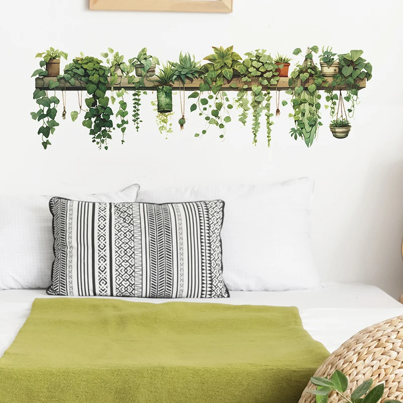 1pcs New Green Plants Green Leaves Hanging Basket Wallpaper Bedroom Living Room Wall Beautify Decorative PVC Wall Stickers