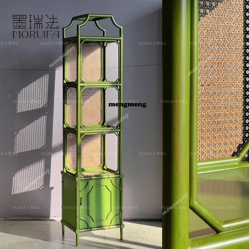 High-end French solid wood corner cabinet living room rattan rack green retro dining room display cabinet